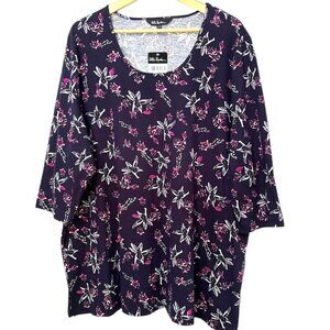 ULLA POPKEN Floral Print Top Tee NWT 3/4 Length Sleeve Cotton Size 24 / 26